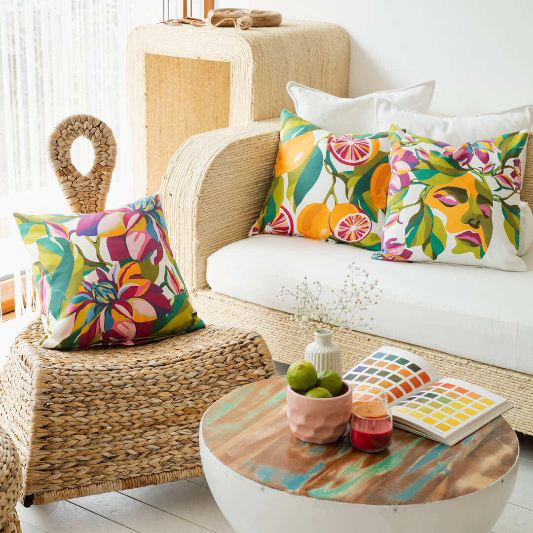 Mediterranean Dreams throw pillow set by Alisa Textile. 100% organic cotton home decor with colourful nature-themed patterns.