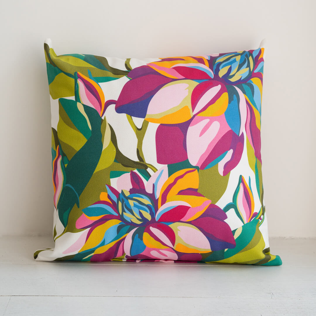 In Bloom Throw Pillow by Alisa Textile. 100% organic cotton home decor with colourful floral pattern.