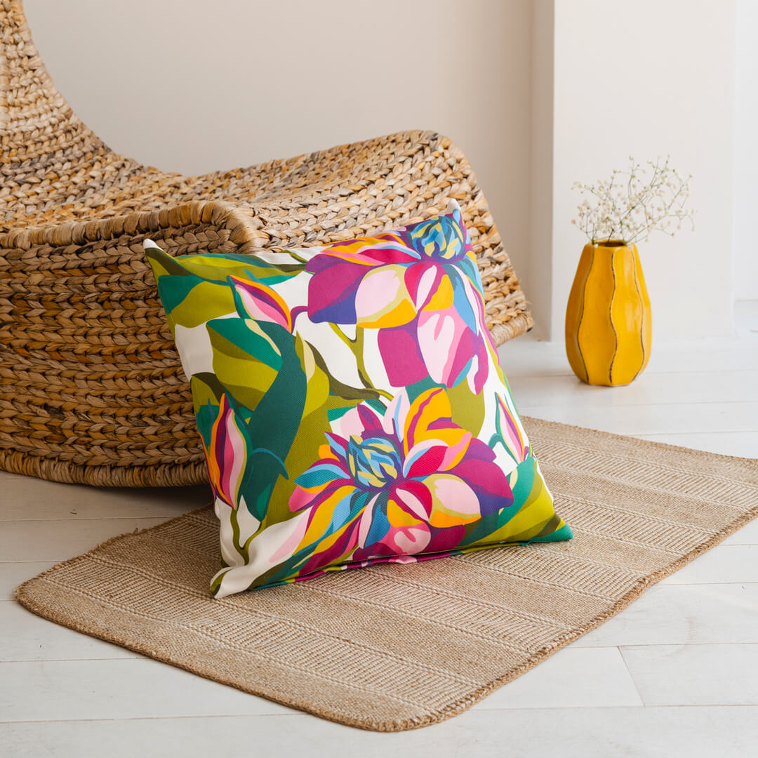 In Bloom Throw Pillow by Alisa Textile. 100% organic cotton home decor with colourful floral pattern.