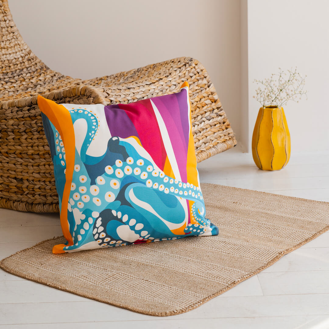Octopus Throw Pillow by Alisa Textile. 100% organic cotton home decor with ocean-themed pattern.