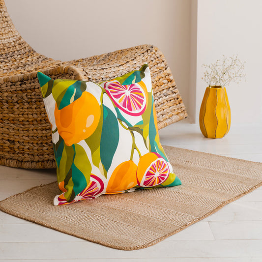 Pink Lemons Throw Pillow by Alisa Textile. 100% organic cotton home decor with colourful lemon pattern.