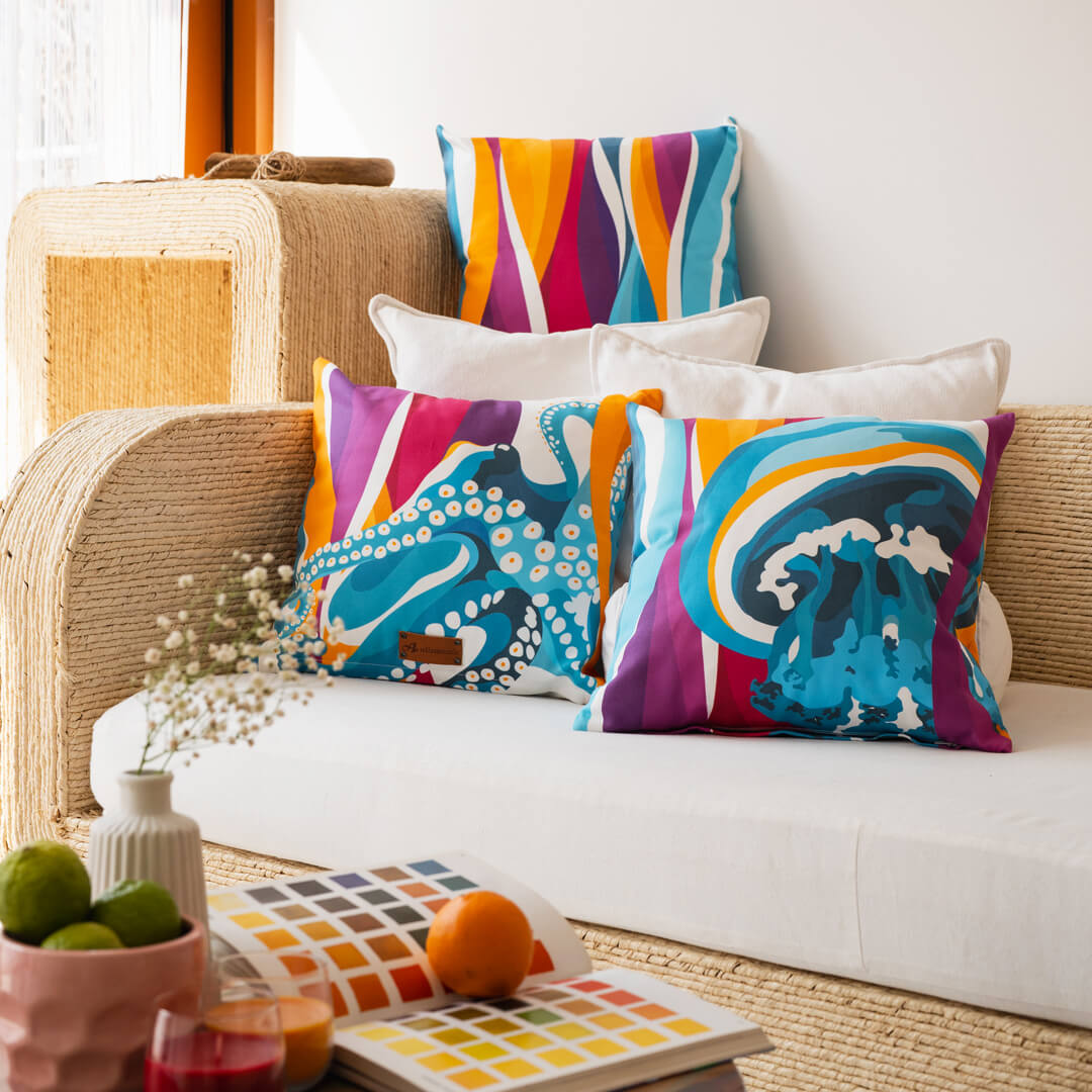 Underwater Magic throw pillow set by Alisa Textile. 100% organic cotton home decor with colourful ocean-themed patterns.