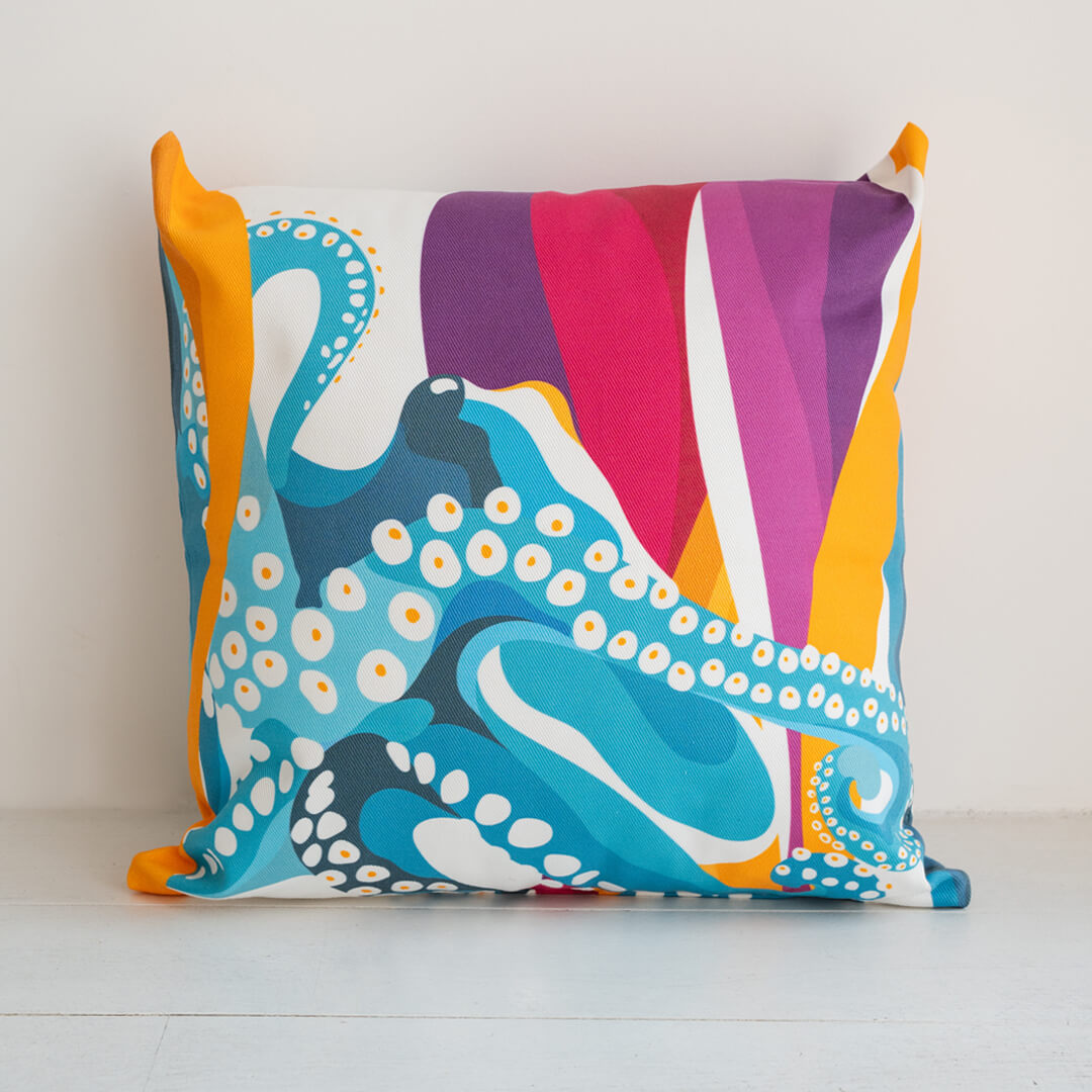 Octopus Throw Pillow by Alisa Textile. 100% organic cotton home decor with ocean-themed pattern.