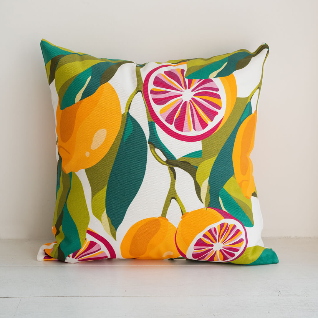 Pink Lemons Throw Pillow by Alisa Textile. 100% organic cotton home decor with colourful lemon pattern.