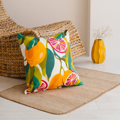 Pink Lemons Throw Pillow by Alisa Textile. 100% organic cotton home decor with colourful lemon pattern.